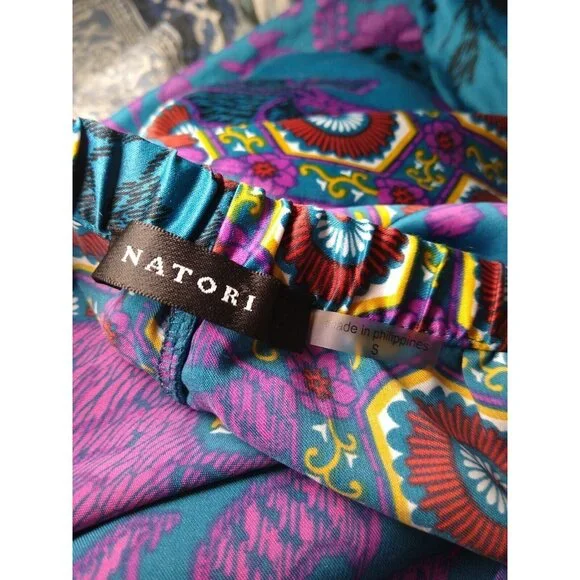 Natori Floral Pajama Pants Womens S Teal Silky Sleep Lounge Wear Cropped Pull On - Picture 7 of 9